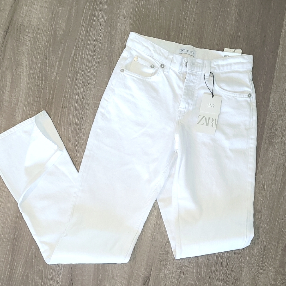 Zara White Split Straight Jeans
